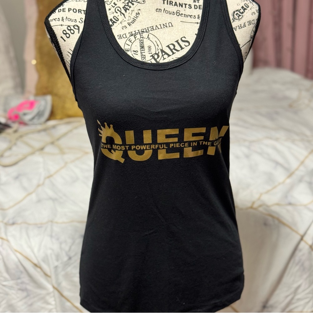 Queen Chess Graphic Tank Top Black Gold Racerback Gym Athleisure Statement Top